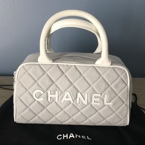 Chanel Quilted Grey Bowler Canvas Satchel